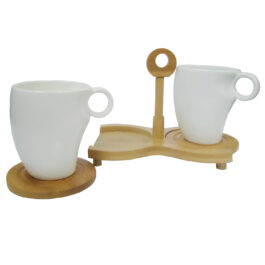 IOSA CERAMIC COFFEE / TEA CUP SET WITH COASTERS ON A BAMBOO DISPLAY STAND