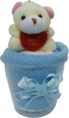 Cute Teddy Towel In A Glass Decorative Showpiece Gift -14 Cm Cotton Blue