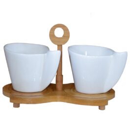 CERAMIC TEA COFFEE CUP MUG SET WITH SAUCER ON A BAMBOO DISPLAY STAND (PACK OF 2)
