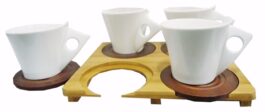 IOSA CERAMIC TEA COFFEE CUP SET WITH BEAUTIFUL BAMBOO TRAY BROWN SAUCERS