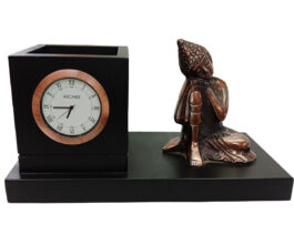 ARCHIES OFFICE DECOR COPPERCOLOR BUDDHA STATUE PEN HOLDER WITH CLOCK MADE WITH BRASS & WOOD