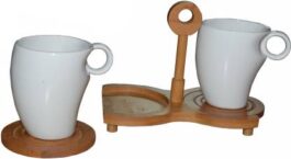 GIFT-TECH CERAMIC TEA/COFFEE CUP SET WITH SAUCER ON A BAMBOO DISPLAY STAND – WHITE PACK OF 2