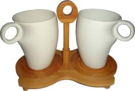 GIFT-TECH CERAMIC TEA/COFFEE CUP SET WITH SAUCER ON A BAMBOO DISPLAY STAND – WHITE PACK OF 2