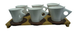 GIFT TECH WHITE CERAMIC TEA COFFEE CUP SET WITH BEAUTIFUL BAMBOO TRAY BROWN SAUCERS SET