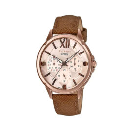 CASIO SHEEN PINK GOLD ELEGANT DIAL W BROWN LEATHER STRAP WATCH FOR WOMEN’S SHE-3056PGL-7AUDF – SX217