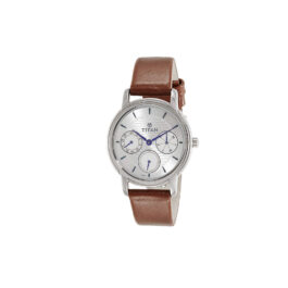 TITAN WORKWEAR WHITE DIAL MULTIFUNCTION LEATHER BROWN STRAP WATCH FOR WOMEN 2595SL01