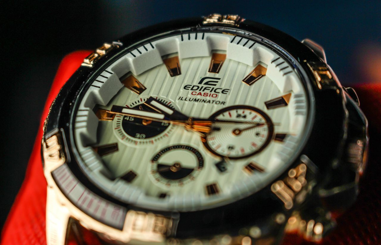 Detailed image of a Casio Edifice watch showing the intricate dial and design elements.